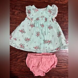 Little Wonders Baby Girl 0-3m mint & pink floral pom pom dress set & bloomers